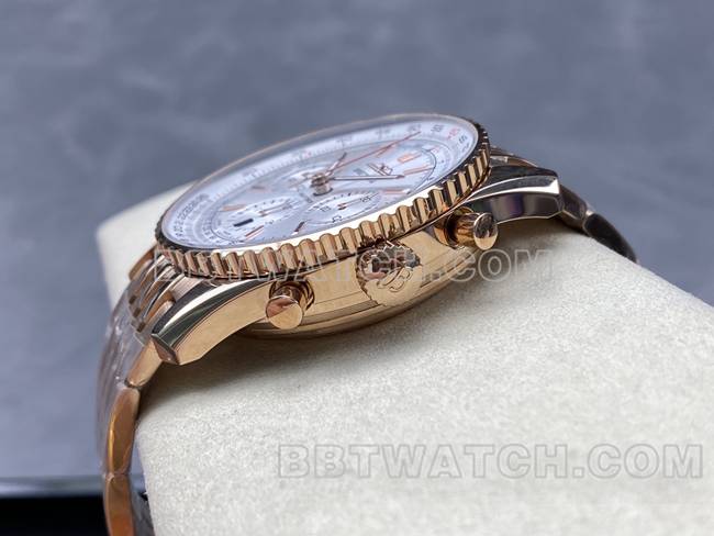 1:1复刻手表BLS厂百年灵航空计时银白盘玫瑰金钢带款侧面实拍图