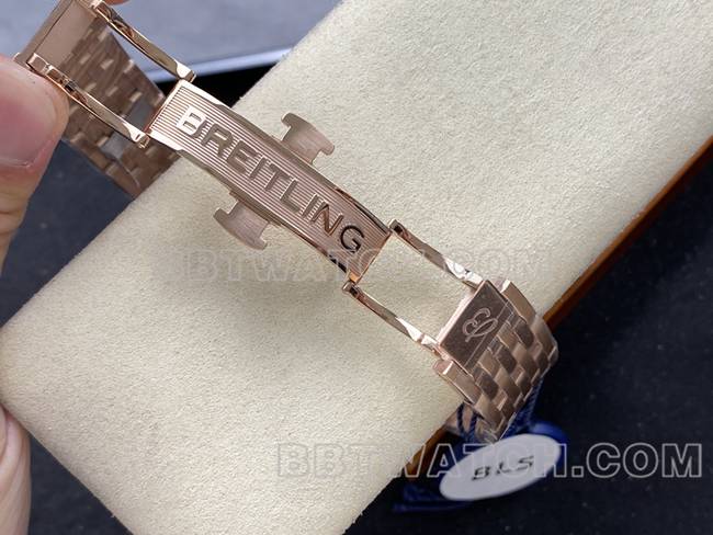 1:1复刻手表BLS厂百年灵航空计时银白盘玫瑰金钢带款表扣实拍图