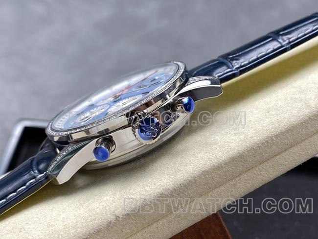 超级克隆手表BLS厂百年灵航空计时镶钻浅蓝盘皮带款侧面实拍图