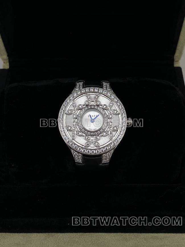 1:1复刻手表格拉芙VCA厂蓝宝石钻石33mm石英机芯正面实拍图