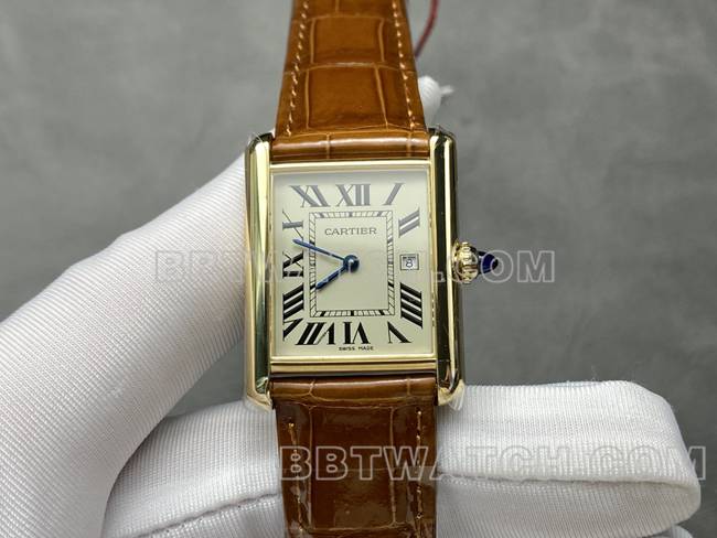 顶级复刻手表坦克DR厂卡地亚银白盘石英棕色皮表带正面实拍图