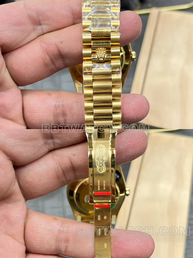 最优复刻手表CBD厂金盘劳力士星期日历黄金钻圈3255机械表扣实拍图
