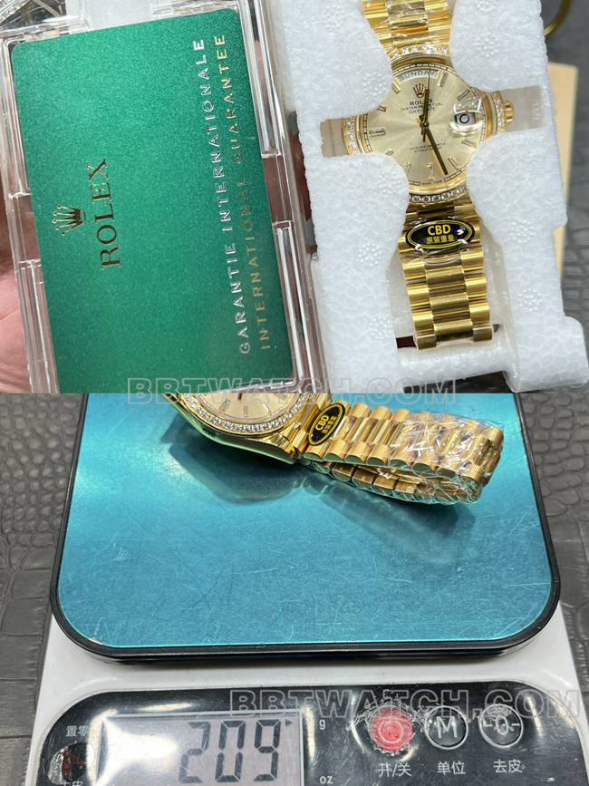 最优复刻手表CBD厂金盘劳力士星期日历黄金钻圈3255机械正面实拍图
