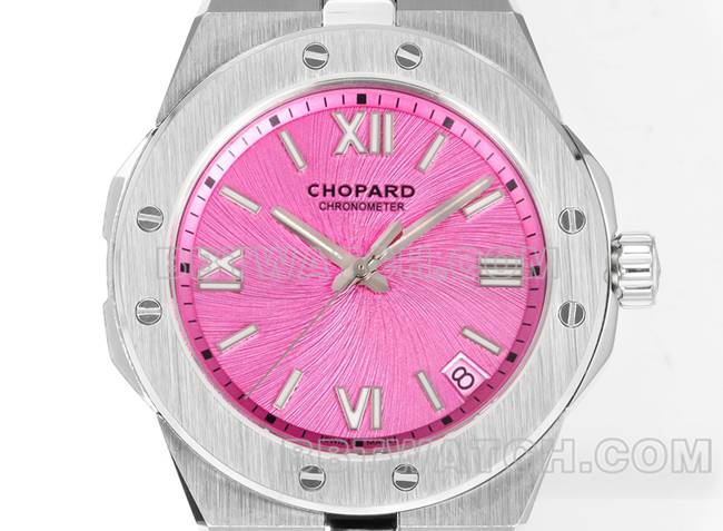 最佳复刻手表雪山傲翼GH厂萧邦粉盘41mm正面实拍图