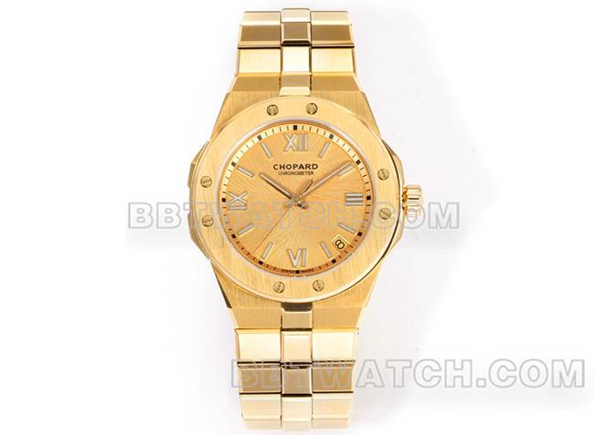 1:1复刻手表萧邦GH厂雪山傲翼金盘41mm黄金钢表带正面实拍图