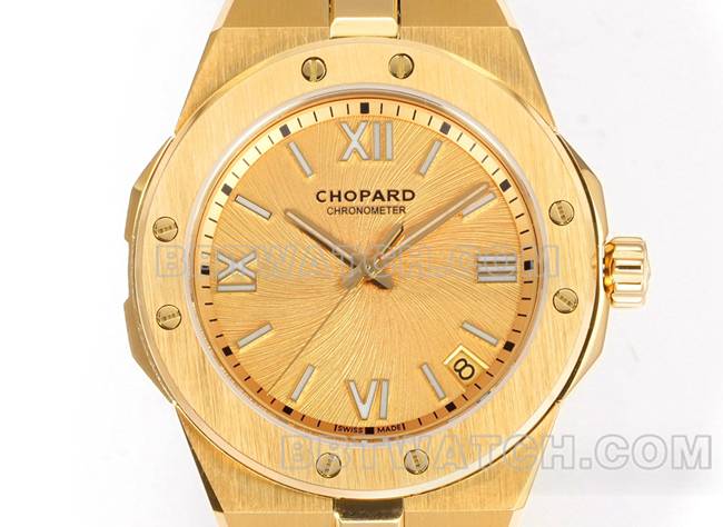 1:1复刻手表萧邦GH厂雪山傲翼金盘41mm黄金钢表带正面实拍图