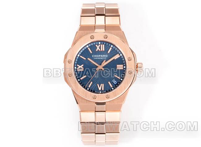 超级克隆手表萧邦GH厂雪山傲翼蓝盘41mm玫瑰金钢表带正面实拍图