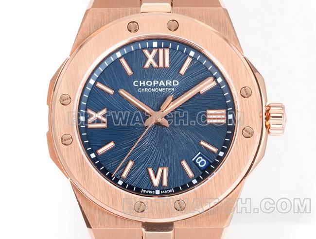 超级克隆手表萧邦GH厂雪山傲翼蓝盘41mm玫瑰金钢表带正面实拍图