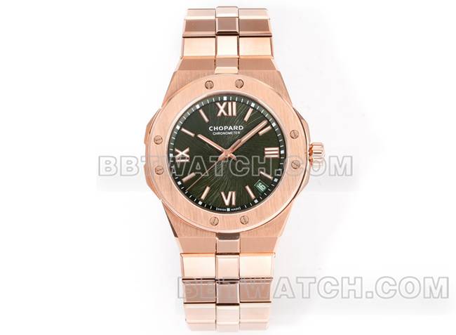 顶级复刻手表萧邦GH厂雪山傲翼绿盘41mm玫瑰金钢表带正面实拍图