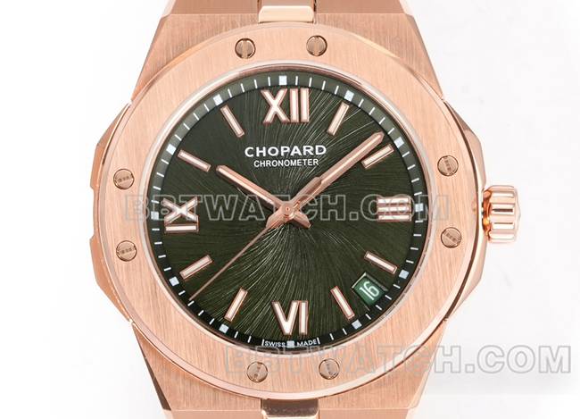 顶级复刻手表萧邦GH厂雪山傲翼绿盘41mm玫瑰金钢表带正面实拍图