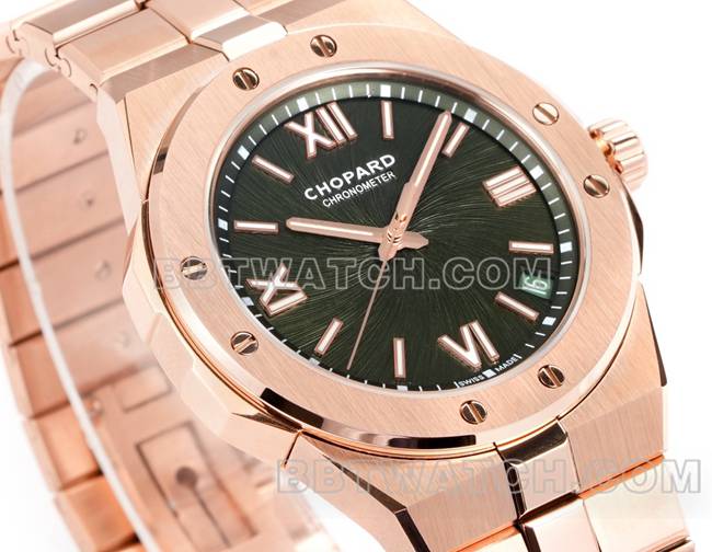 顶级复刻手表萧邦GH厂雪山傲翼绿盘41mm玫瑰金钢表带正面实拍图