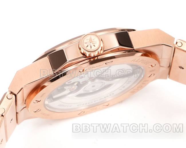 最佳复刻手表萧邦GH厂雪山傲翼红盘41mm玫瑰金钢表带侧面实拍图