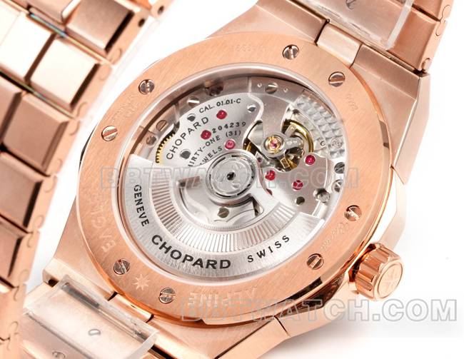 最佳复刻手表萧邦GH厂雪山傲翼红盘41mm玫瑰金钢表带背面实拍图