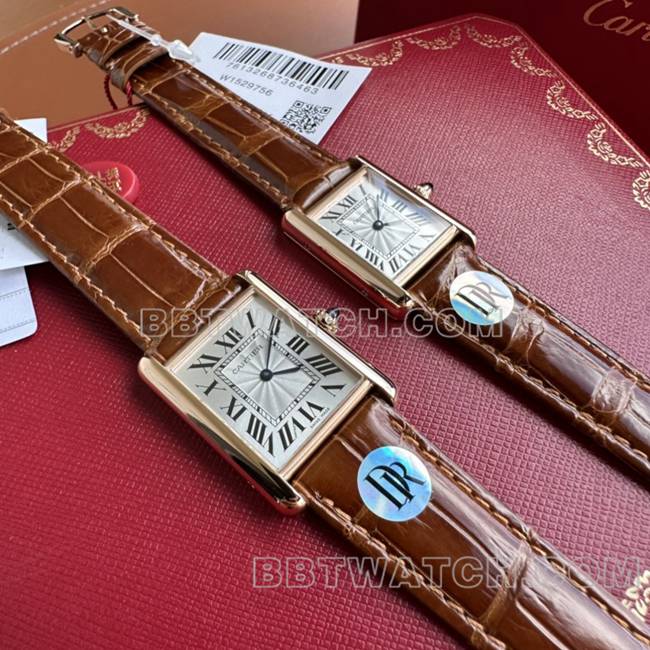 超级克隆手表DR厂坦克卡地亚银灰盘玫瑰金壳石英棕色表带正面实拍图