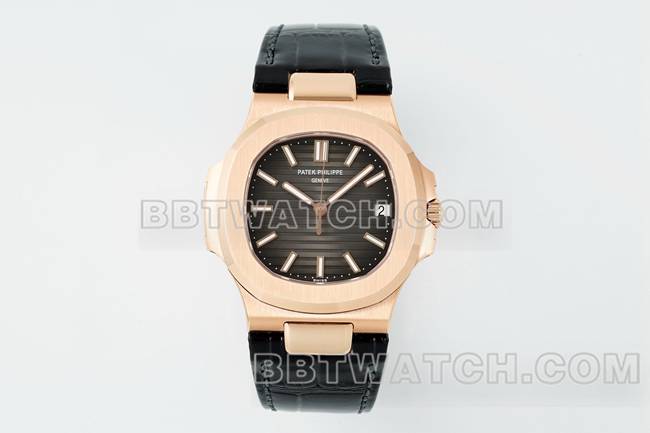 顶级复刻手表鹦鹉螺DDF厂百达翡丽黑盘皮革表带5711正面实拍图