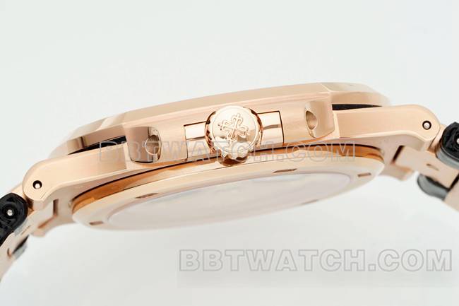 顶级复刻手表鹦鹉螺DDF厂百达翡丽黑盘皮革表带5711侧面实拍图