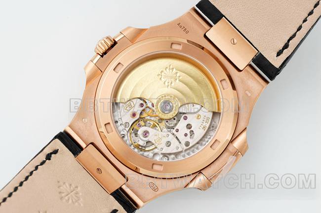 顶级复刻手表鹦鹉螺DDF厂百达翡丽黑盘皮革表带5711背面实拍图