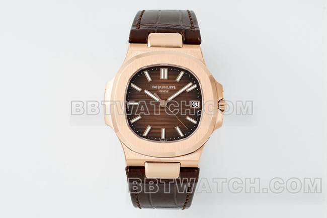 最优复刻手表鹦鹉螺DDF厂百达翡丽棕盘皮革表带5711正面实拍图