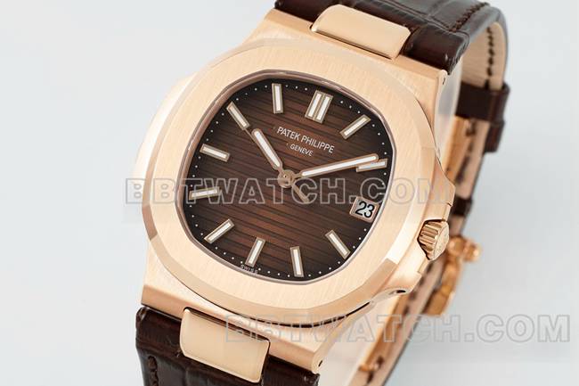 最优复刻手表鹦鹉螺DDF厂百达翡丽棕盘皮革表带5711正面实拍图