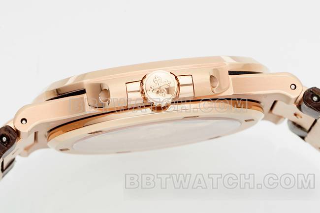 最优复刻手表鹦鹉螺DDF厂百达翡丽棕盘皮革表带5711侧面实拍图