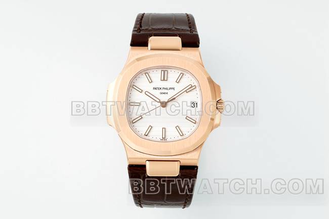 1:1复刻手表鹦鹉螺DDF厂百达翡丽白盘皮革表带5711正面实拍图