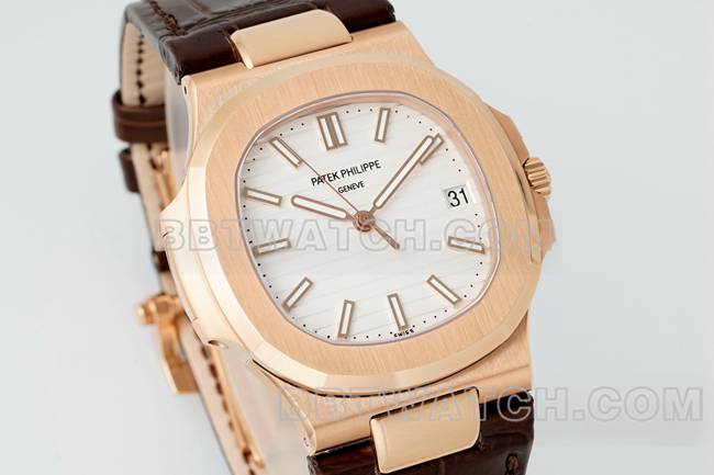 1:1复刻手表鹦鹉螺DDF厂百达翡丽白盘皮革表带5711正面实拍图