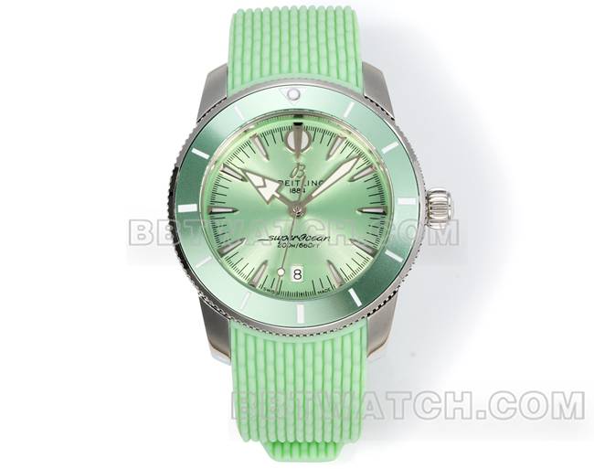 1:1复刻手表超级海洋文化BLS厂百年灵浅绿盘橡胶表带正面实拍图