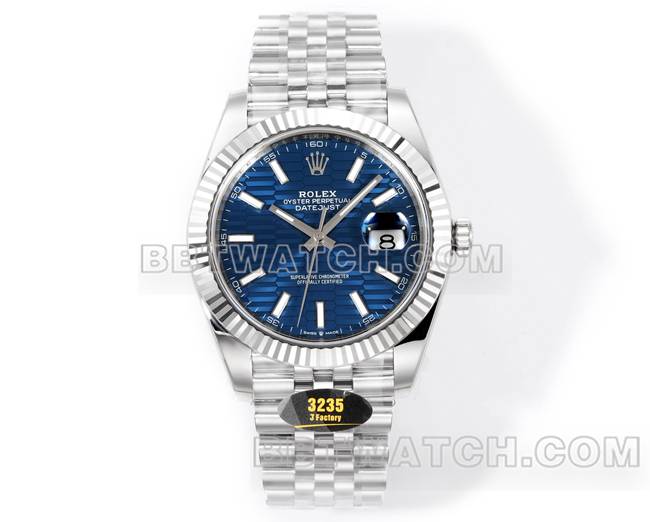 顶级复刻手表日志JF厂劳力士蓝盘坑纹3235机械41毫米正面实拍图