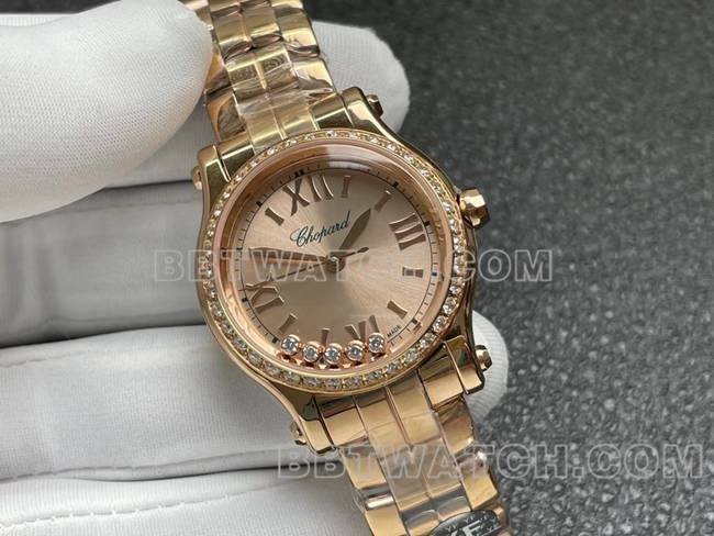 1:1复刻手表YF厂萧邦HAPPY SPORT玫瑰金盘钻圈2892机械正面实拍图