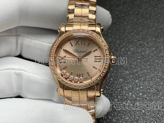 1:1复刻手表YF厂萧邦HAPPY SPORT玫瑰金盘钻圈2892机械正面实拍图