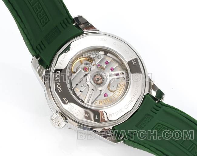 最佳复刻手表超级海洋文化BLS厂百年灵绿盘橡胶表带背面实拍图