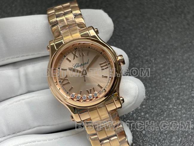 超级克隆手表YF厂萧邦HAPPY SPORT玫瑰金盘2892机械正面实拍图