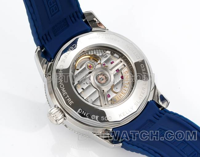 顶级复刻手表BLS厂超级海洋文化百年灵蓝盘橡胶表带背面实拍图