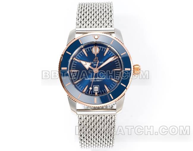 最优复刻手表BLS厂超级海洋文化百年灵蓝盘玫瑰金钢表带正面实拍图