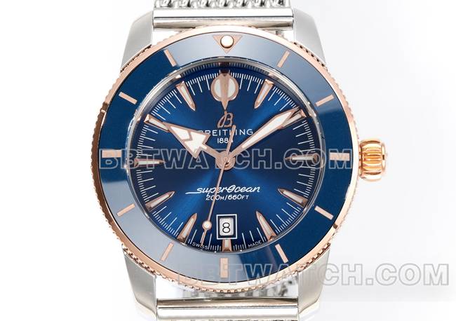 最优复刻手表BLS厂超级海洋文化百年灵蓝盘玫瑰金钢表带正面实拍图