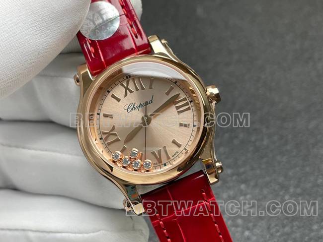 最佳复刻手表YF厂萧邦HAPPY SPORT玫瑰金盘2892机械正面实拍图