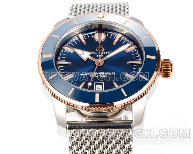 最优复刻手表BLS厂超级海洋文化百年灵蓝盘玫瑰金钢表带正面实拍图