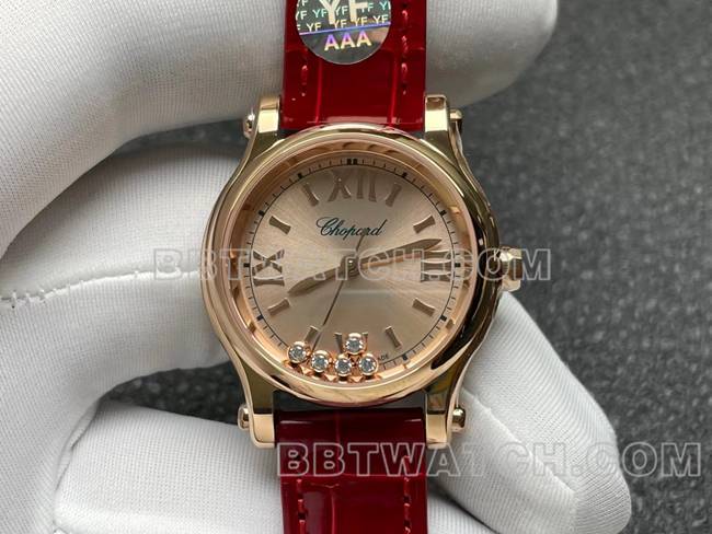 最佳复刻手表YF厂萧邦HAPPY SPORT玫瑰金盘2892机械正面实拍图