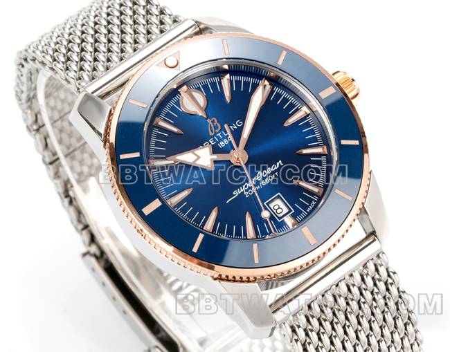 最优复刻手表BLS厂超级海洋文化百年灵蓝盘玫瑰金钢表带正面实拍图