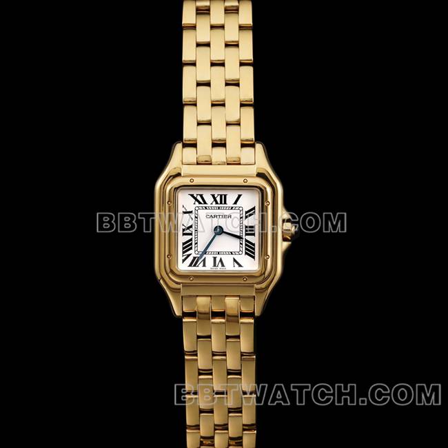 顶级复刻手表猎豹BBa厂卡地亚白盘黄金钢带石英正面实拍图