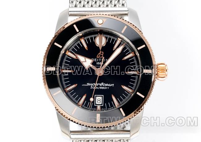1:1复刻手表BLS厂超级海洋文化百年灵黑盘玫瑰金钢表带正面实拍图
