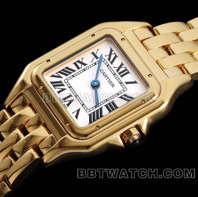 顶级复刻手表猎豹BBa厂卡地亚白盘黄金钢带石英正面实拍图