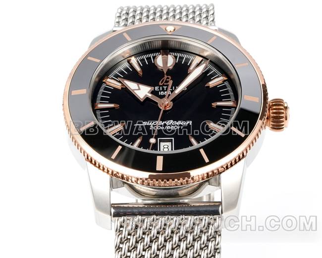 1:1复刻手表BLS厂超级海洋文化百年灵黑盘玫瑰金钢表带正面实拍图