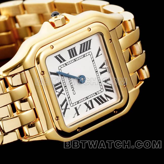 顶级复刻手表猎豹BBa厂卡地亚白盘黄金钢带石英正面实拍图