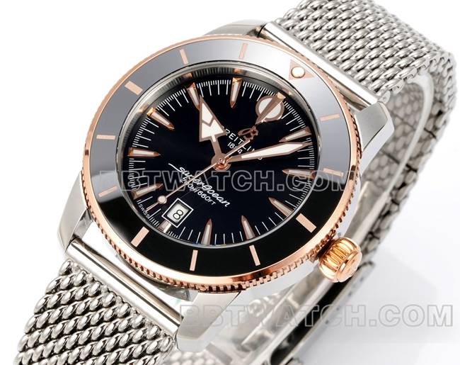 1:1复刻手表BLS厂超级海洋文化百年灵黑盘玫瑰金钢表带正面实拍图
