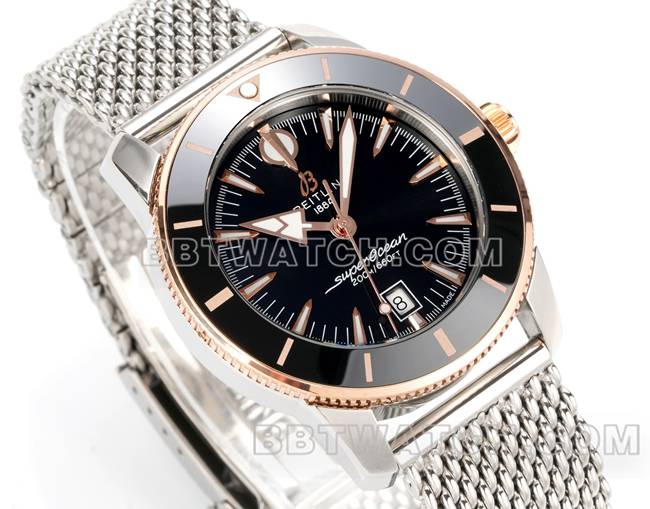 1:1复刻手表BLS厂超级海洋文化百年灵黑盘玫瑰金钢表带正面实拍图