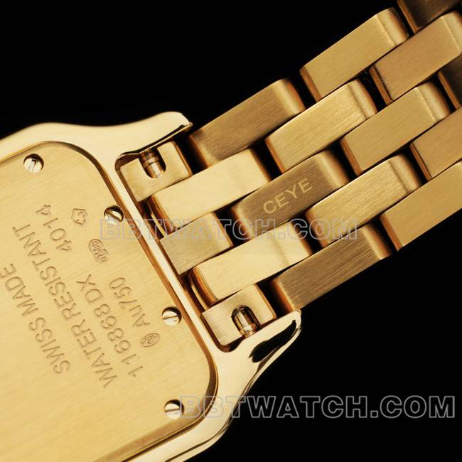 顶级复刻手表猎豹BBa厂卡地亚白盘黄金钢带石英背面实拍图