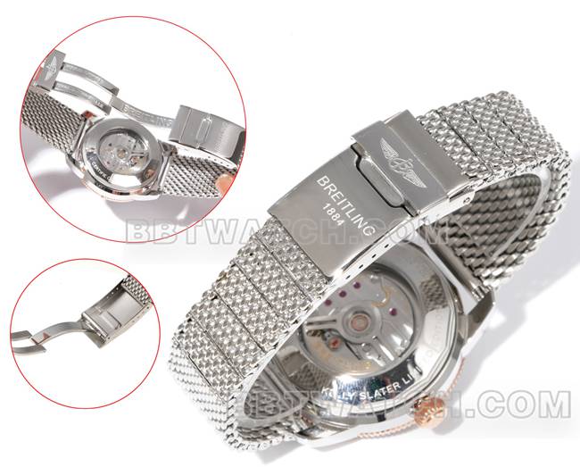 1:1复刻手表BLS厂超级海洋文化百年灵黑盘玫瑰金钢表带表带实拍图