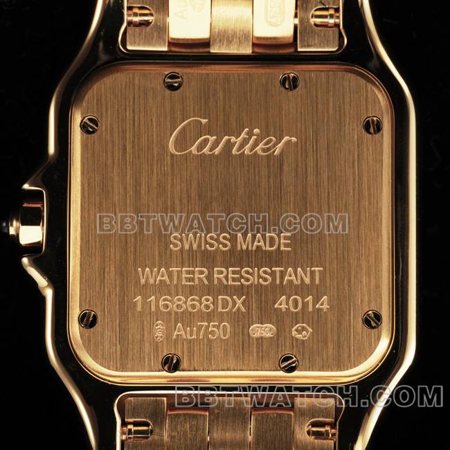 顶级复刻手表猎豹BBa厂卡地亚白盘黄金钢带石英背面实拍图