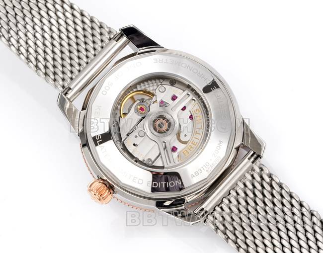 1:1复刻手表BLS厂超级海洋文化百年灵黑盘玫瑰金钢表带背面实拍图